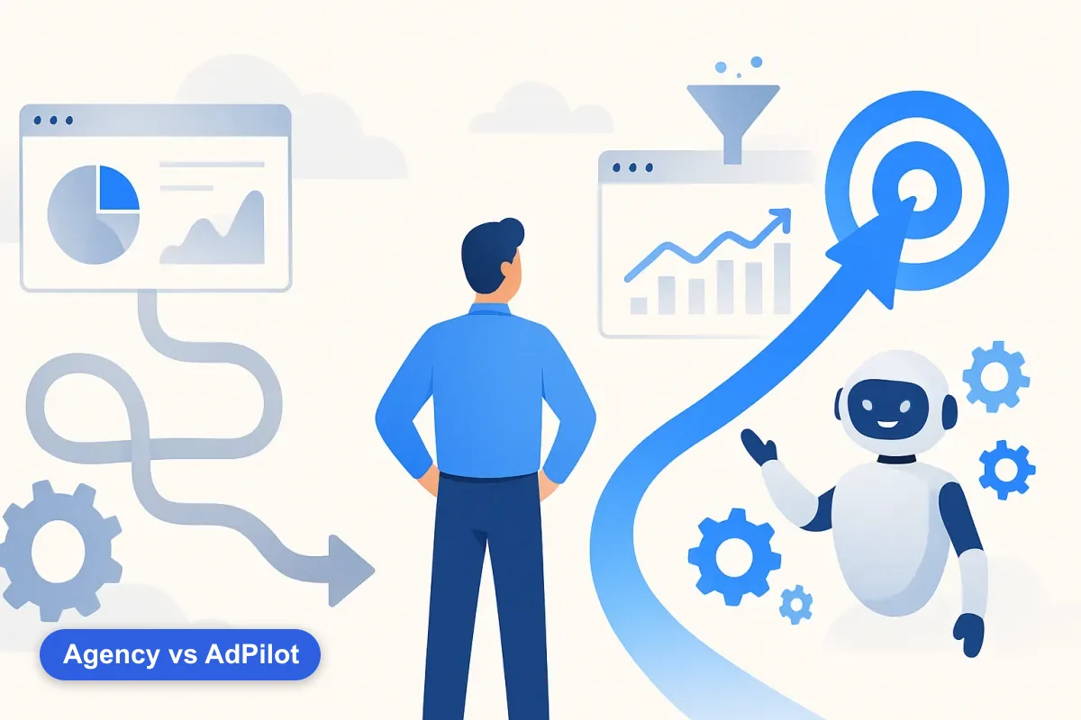 Abstract illustration contrasting a slow, tangled agency path with a clean, direct AI-copilot path toward a target.