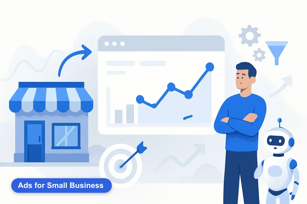 Abstract friendly storefront connected to a simple dashboard, representing Google Ads for small business.