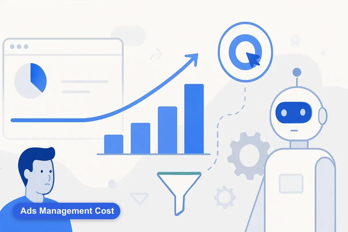 Abstract flat line beside a rising staircase, representing flat versus rising ad-management cost.