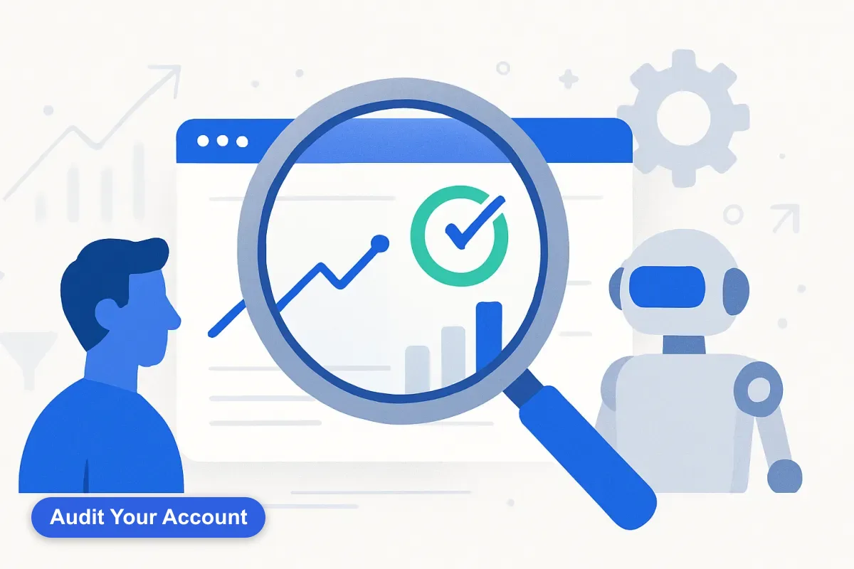 Abstract magnifying glass over a dashboard revealing insights, representing a Google Ads account audit.