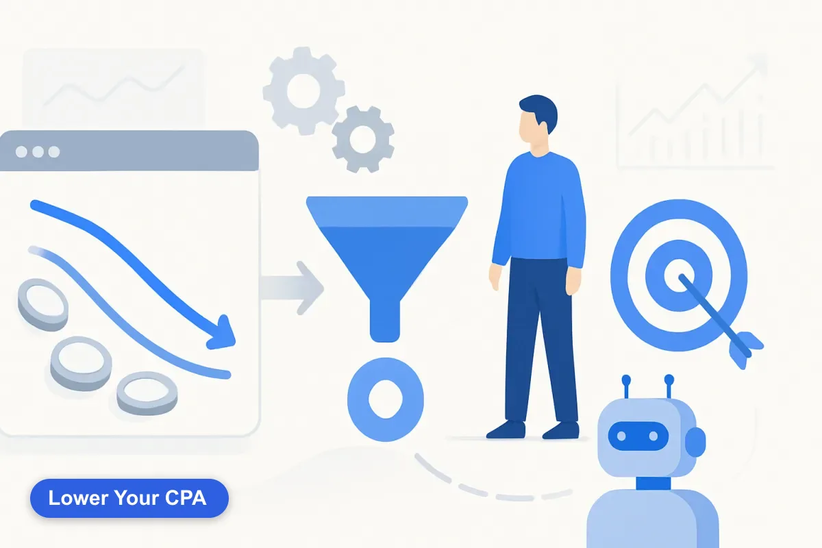 Abstract descending cost curve with coins forming a single efficient conversion, representing lower CPA.