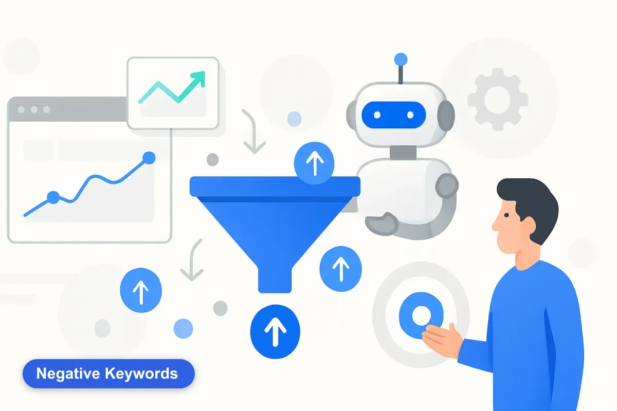 Abstract funnel filtering valuable clicks from wasted ones, representing negative keywords.