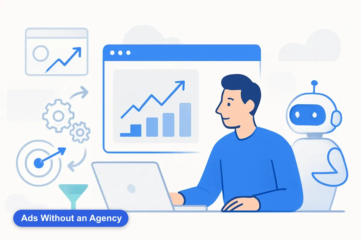 Abstract solo owner with an AI assistant and a clean dashboard, representing running Google Ads without an agency.