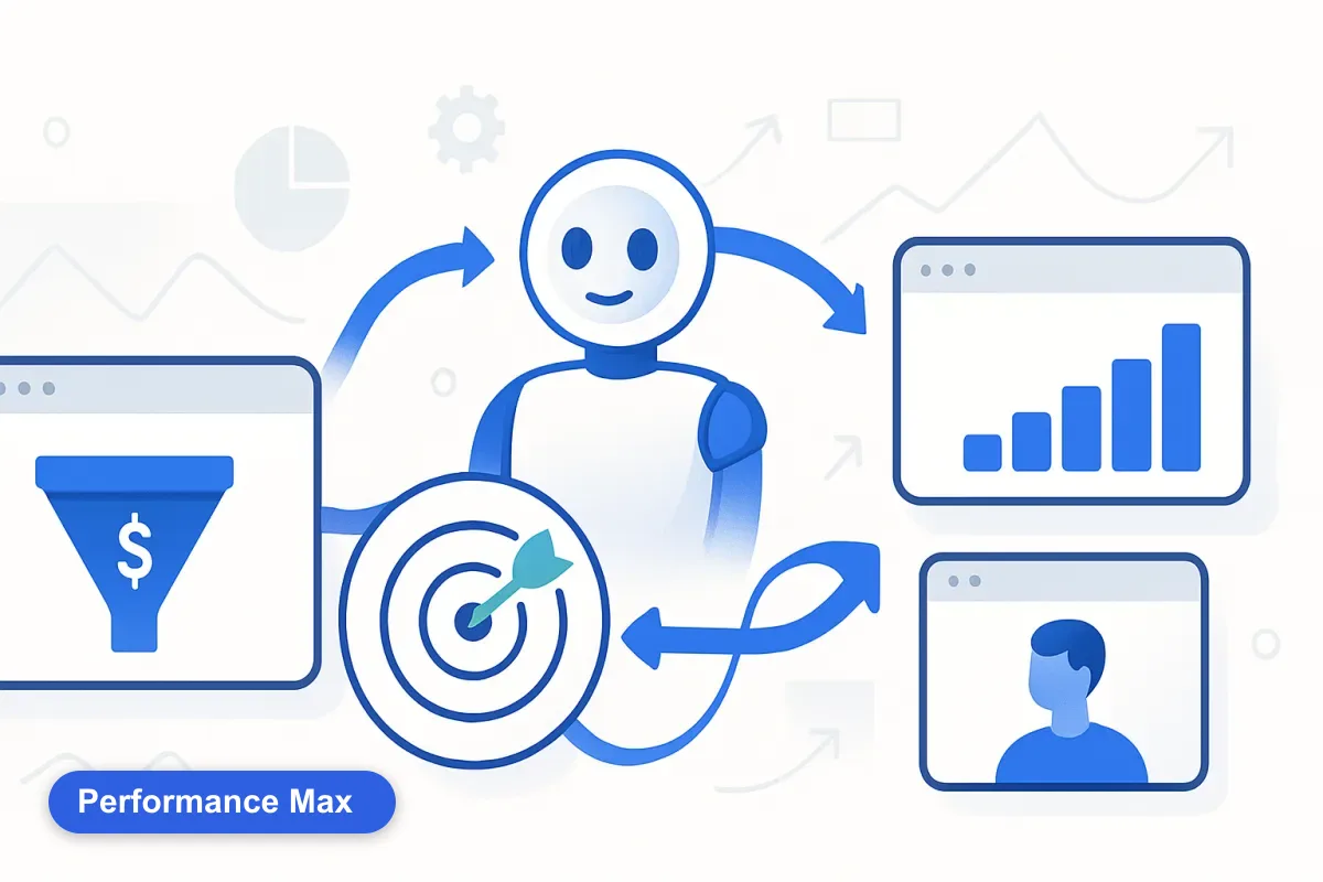 Abstract central hub radiating to multiple channels, representing a Performance Max multi-channel campaign.